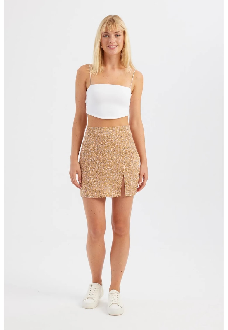 Fusta mini cu talie inalta dama - textil - imprimeu floral - portocaliu