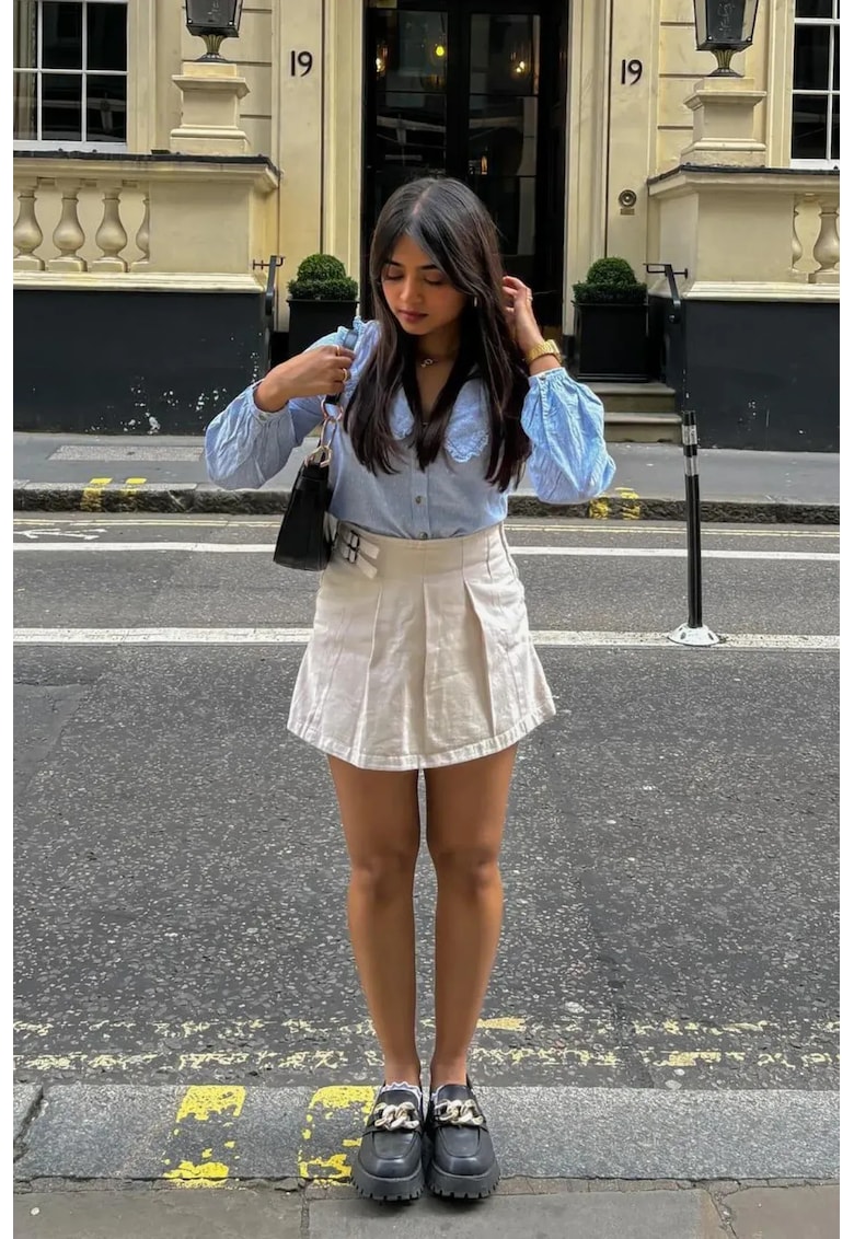 Fusta talie inalta - cu curea - bej - Alb fildes