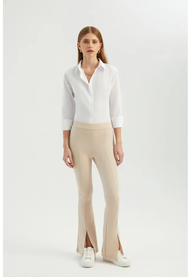 Pantaloni dama - evazati cu talie inalta - fante laterale - maro - textil