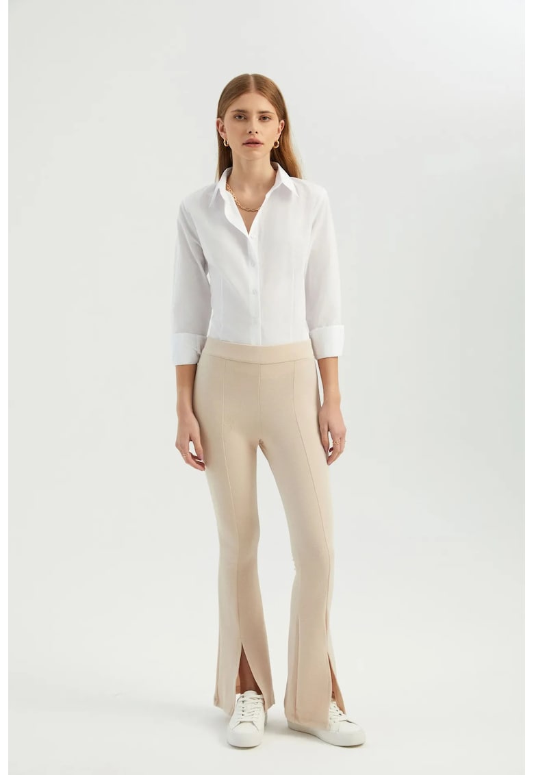 Pantaloni dama - evazati cu talie inalta - fante laterale - maro - textil