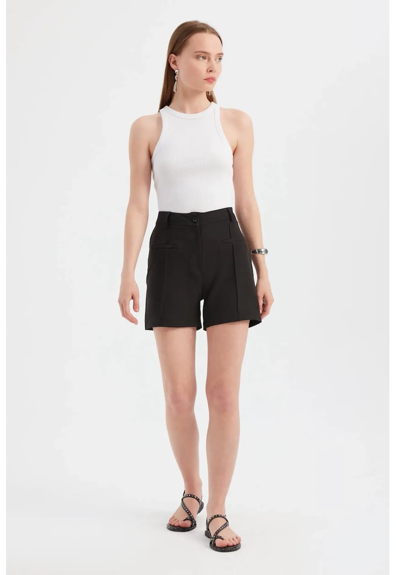 Pantaloni scurti - talie inalta - cusatura frontala - negri - bumbac-poliester
