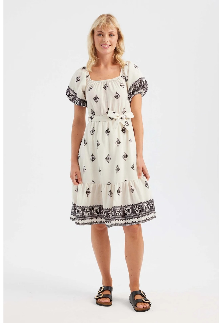 Rochie midi - umeri goi - imprimeu - bej - textil