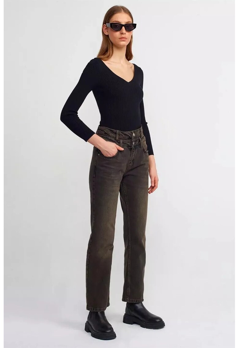 Pulover dama basic - cu decolteu in V - striat - negru - tricot -