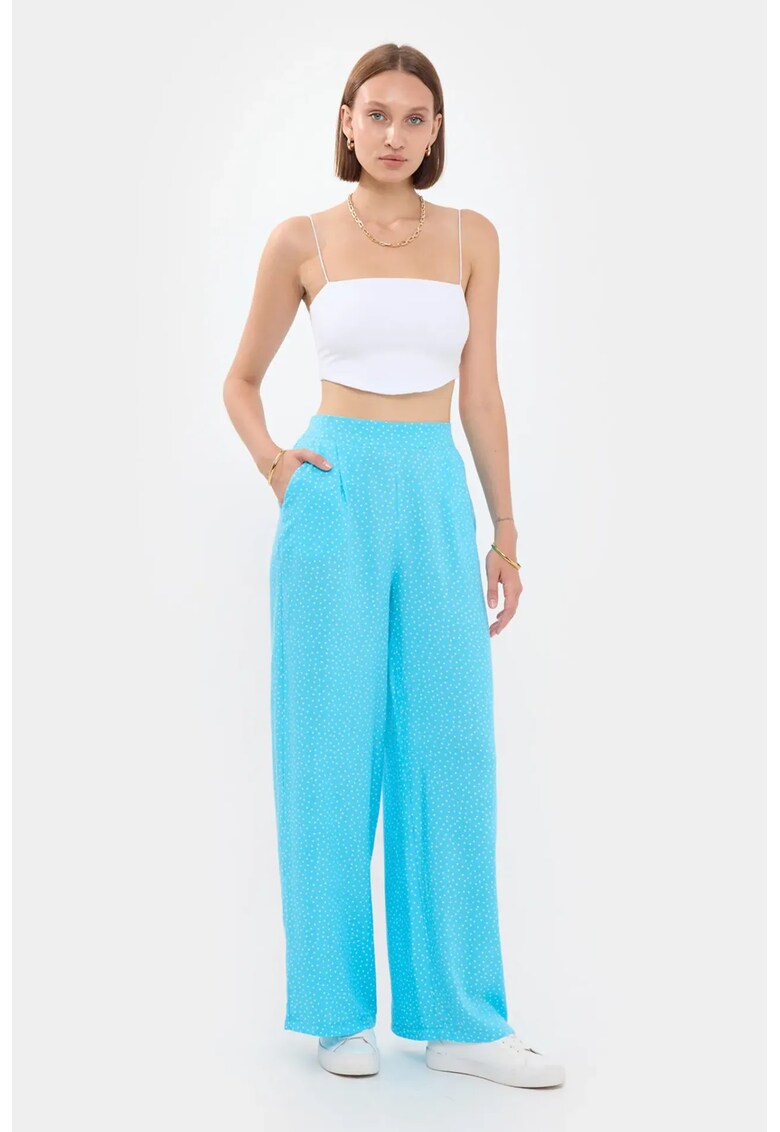 Pantaloni dama - drepti cu buline - talie inalta - albastru - viscoza