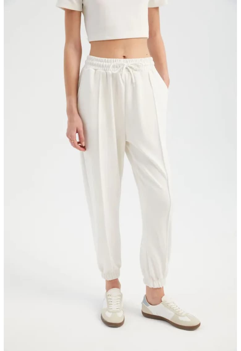 Pantaloni dama - conici - talie inalta - alb - textil