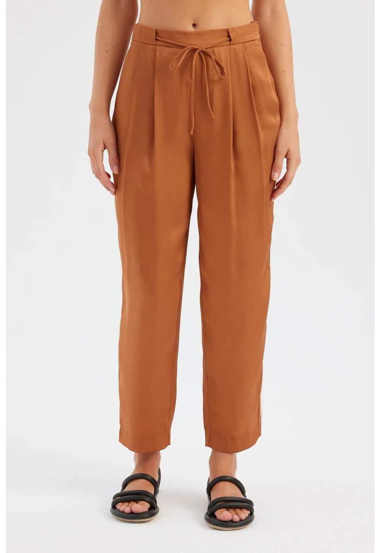 Pantaloni dama plisati - talie inalta - croiala tip morcov - maro - textil