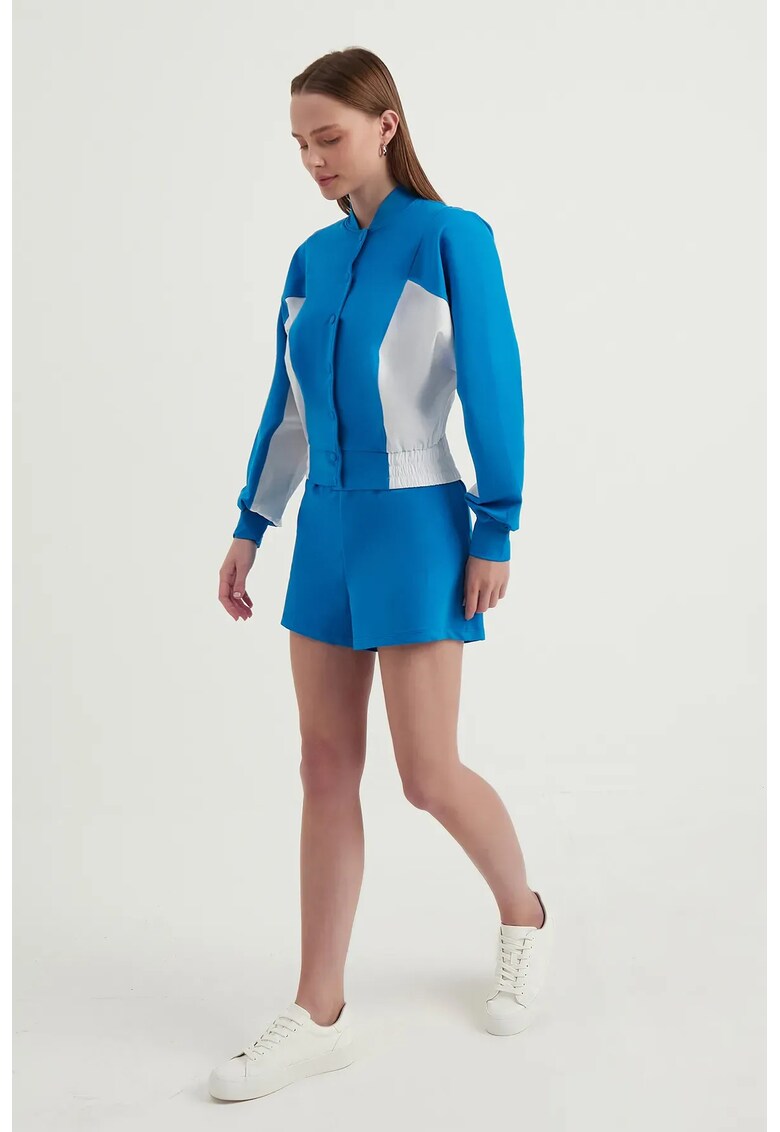 Hanorac dama Color Block cu guler inalt si nasturi - albastru - textil