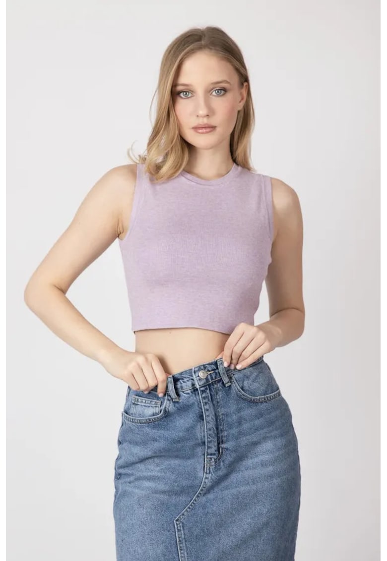 Top dama - top scurt tricotat cu guler rotund - violet - jerseu -
