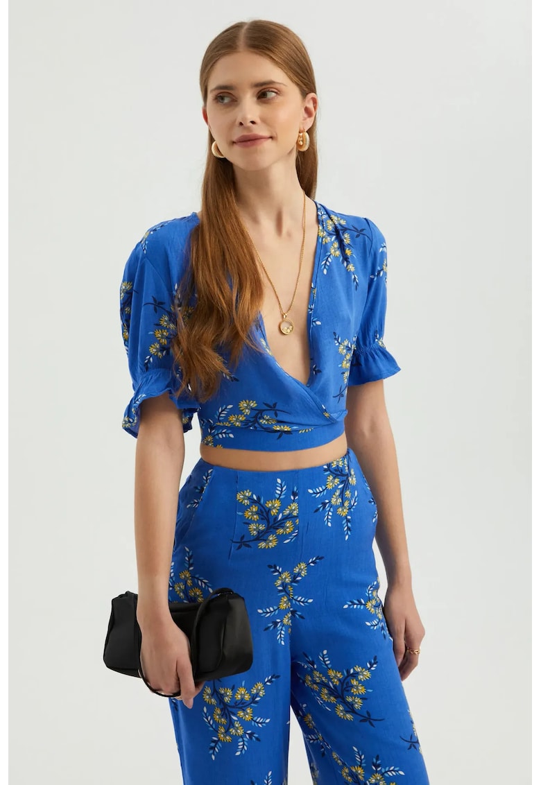 Top scurt - decolteu floral - maneca scurta - albastru - textil