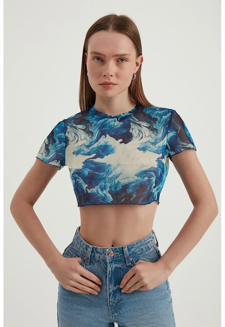 Top scurt - din tul abstract - albastru - jerseu