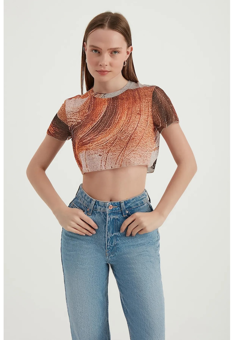 Top scurt - din tul abstract - portocaliu - jerseu