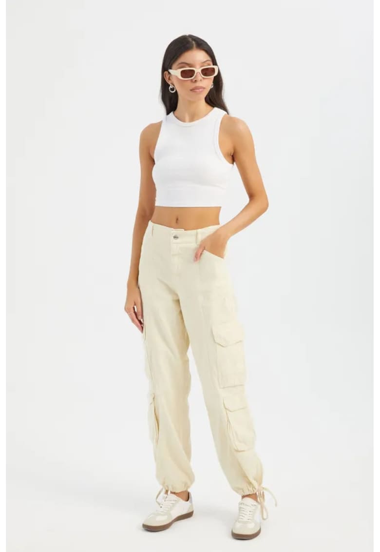 Pantaloni cargo - talie medie - snur - alb - denim