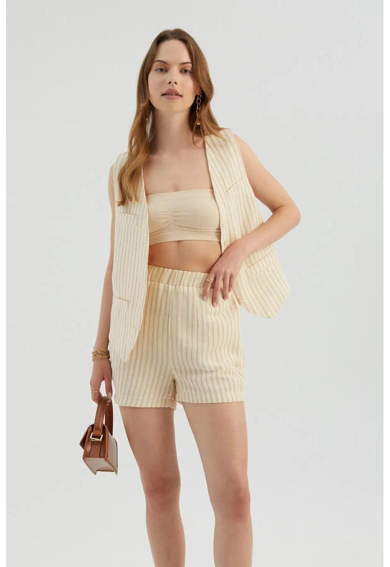 Pantaloni scurti dama - cu talie inalta - dungi - maro - textil