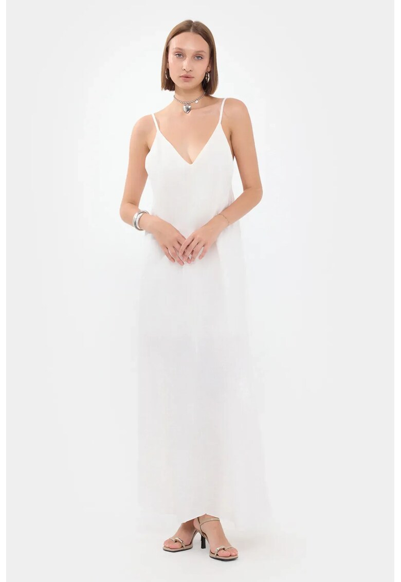Rochie maxi - Decolteu in V - Bumbac - Alb