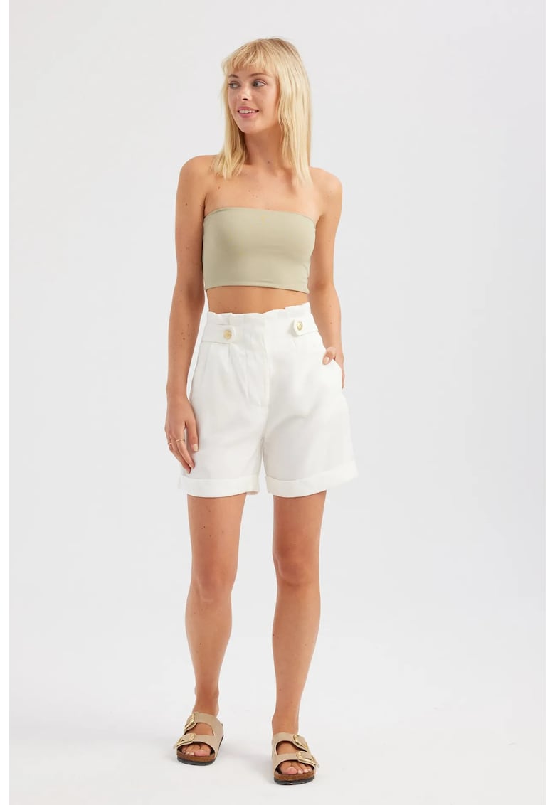 Pantaloni scurti dama - textil - talie inalta - cu nasturi - alb