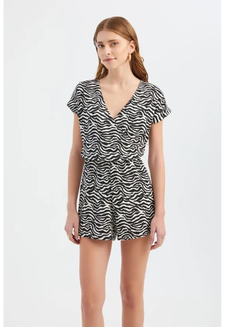 Salopeta - imprimeu zebra - decolteu in V - neagra - textil