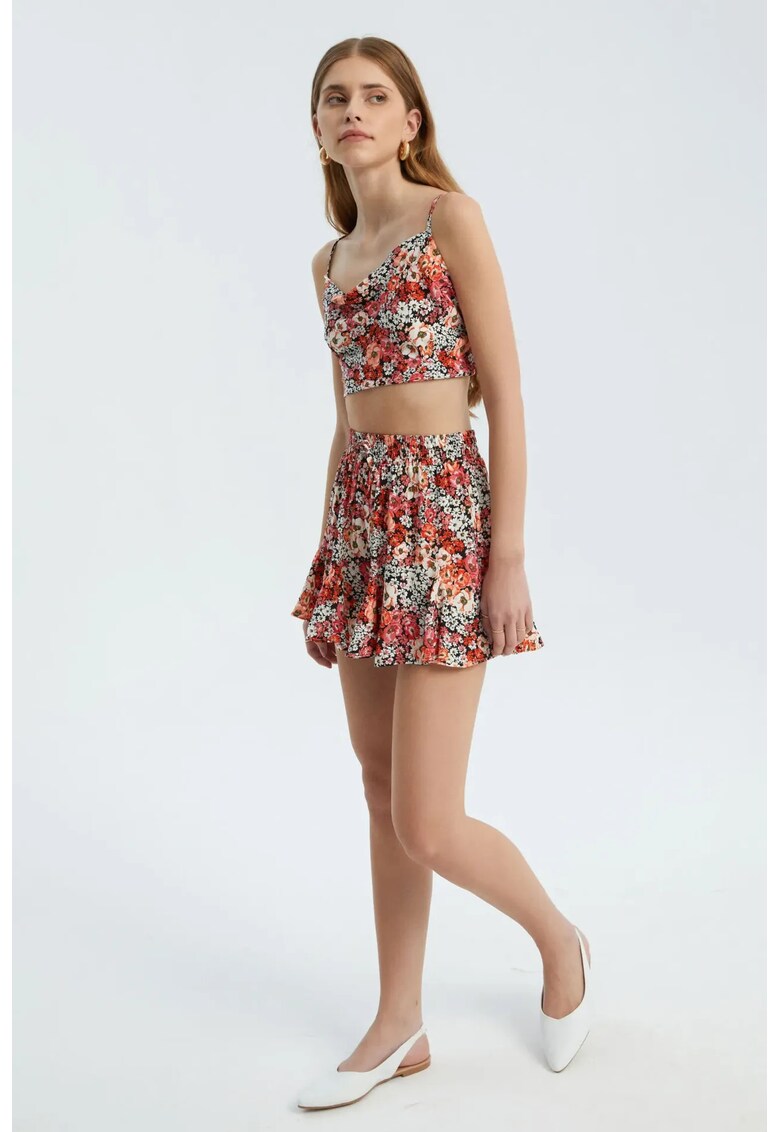 Pantaloni scurti dama - cu talie inalta - imprimeu floral - volane - multicolor - textil