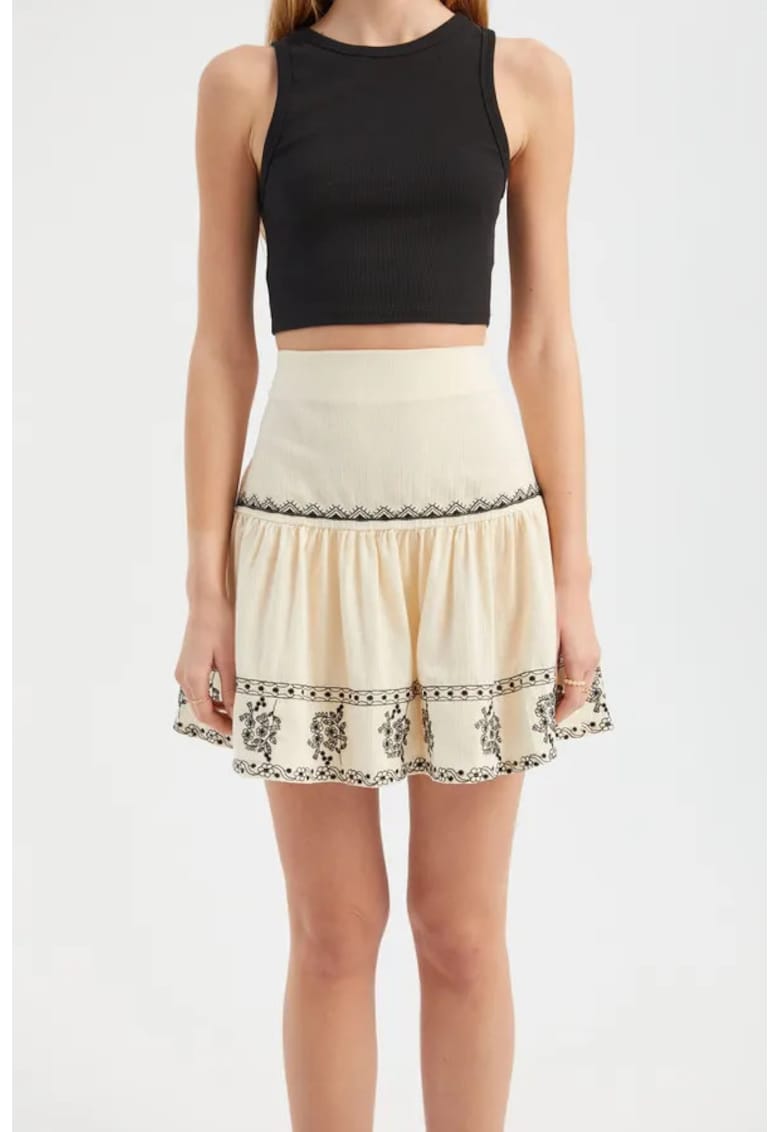 Fusta mini dama brodata - cu volane - talie inalta - textil - bej
