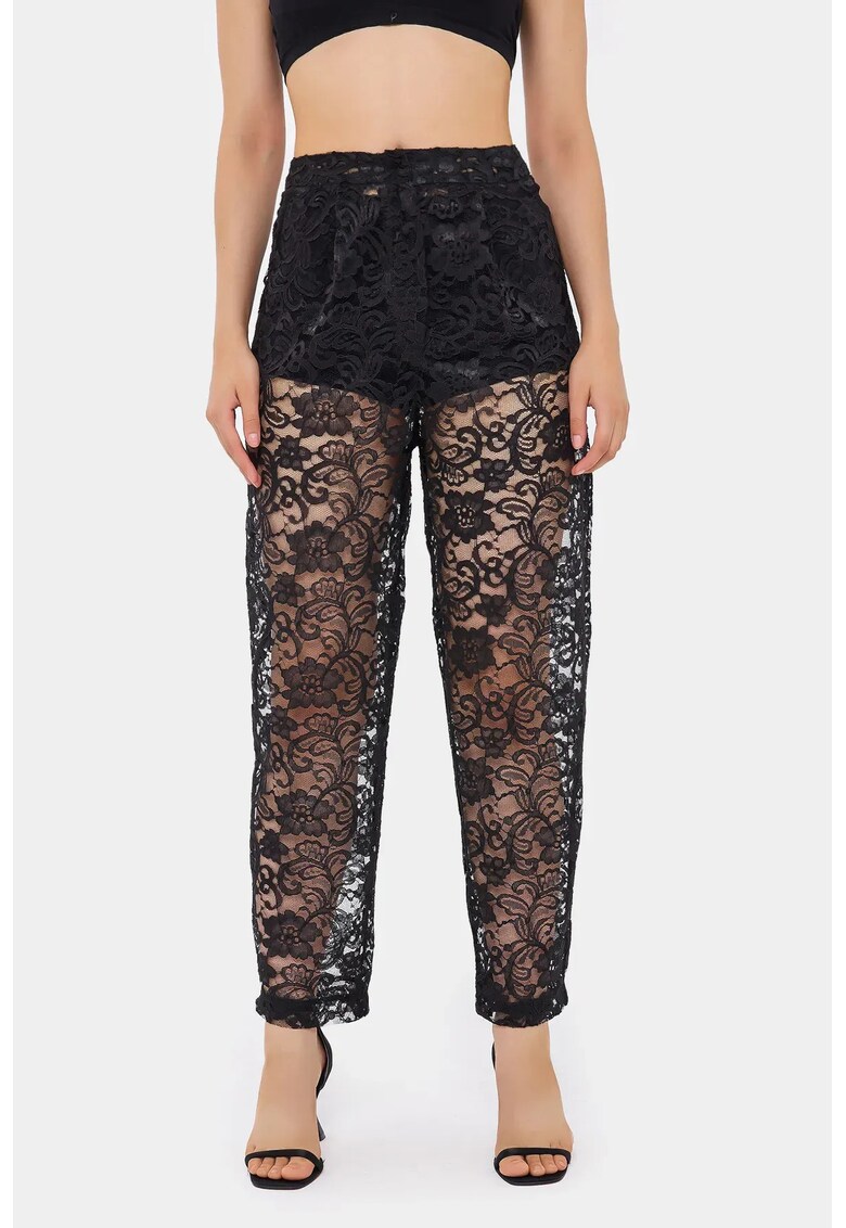 Pantaloni pentru dama - dantela - cu talie inalta - detalii din plasa - negru