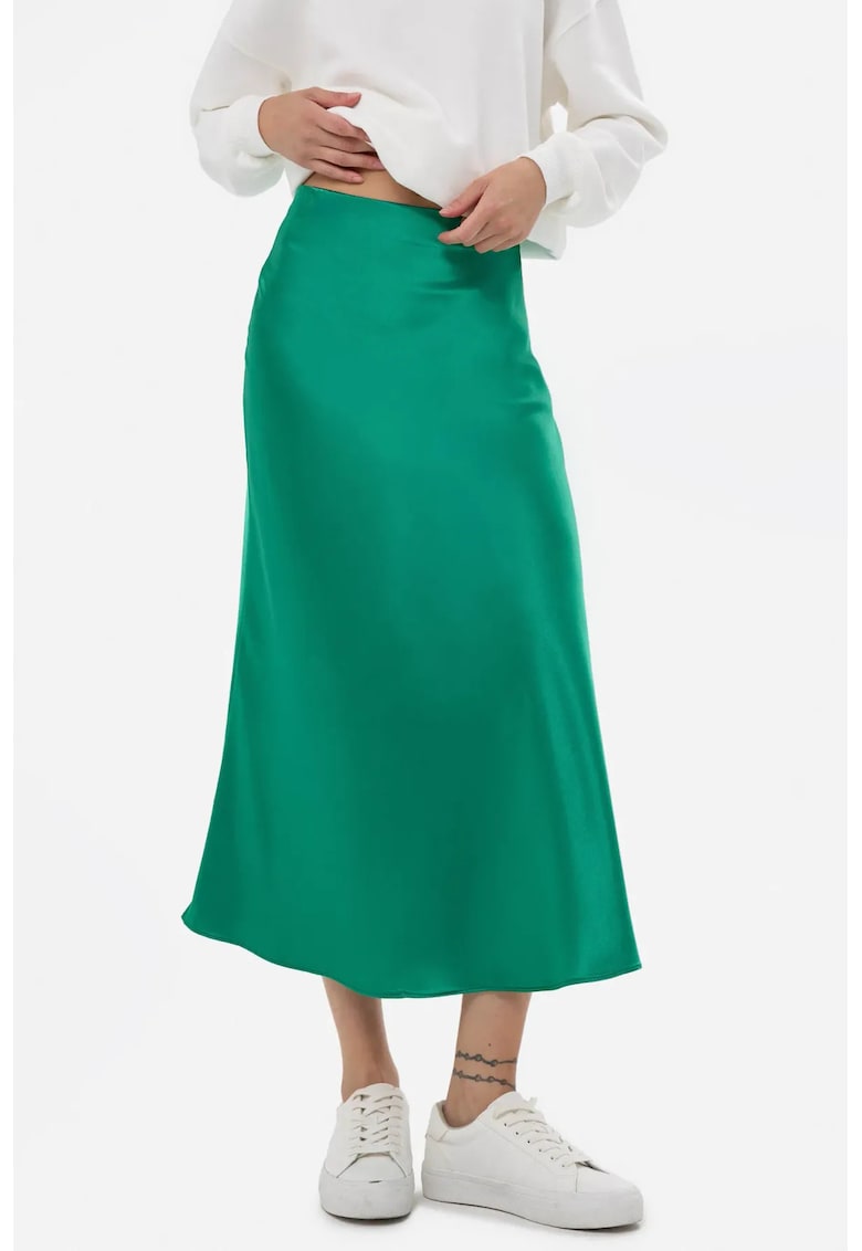 Fusta midi dama - talie inalta - satin - verde