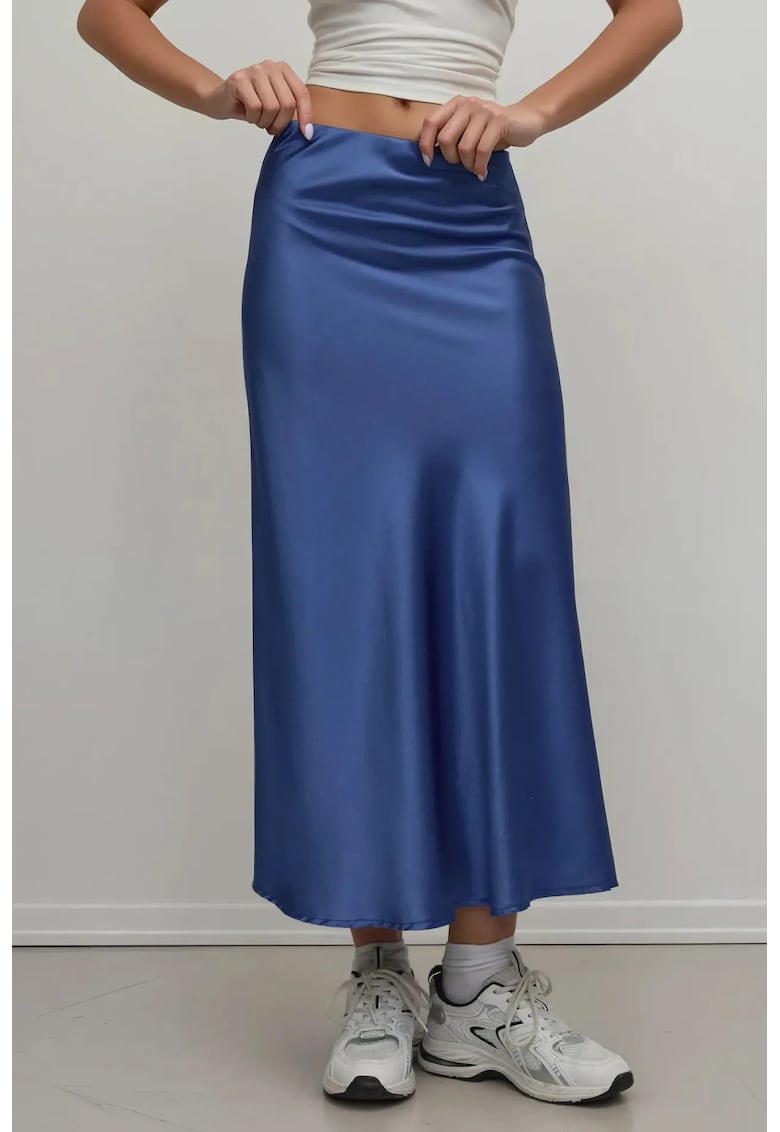 Fusta midi dama - talie inalta - satin - albastru