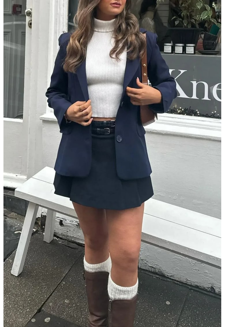 Fusta scurta plisata - textil - talie medie - cu curea - albastru