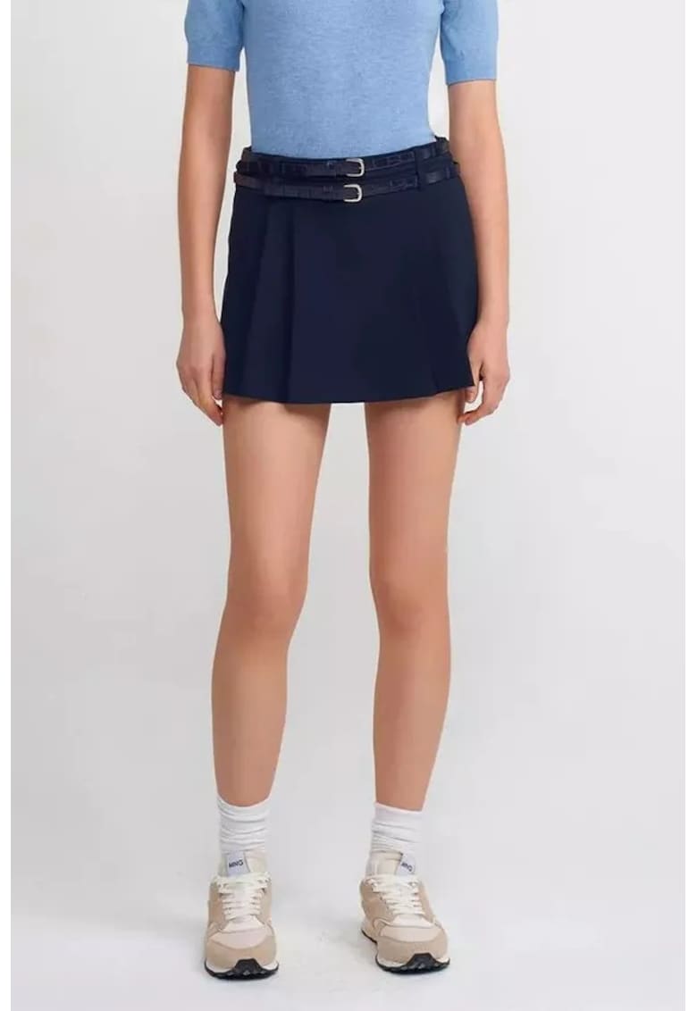 Fusta scurta plisata - textil - talie medie - cu curea - albastru