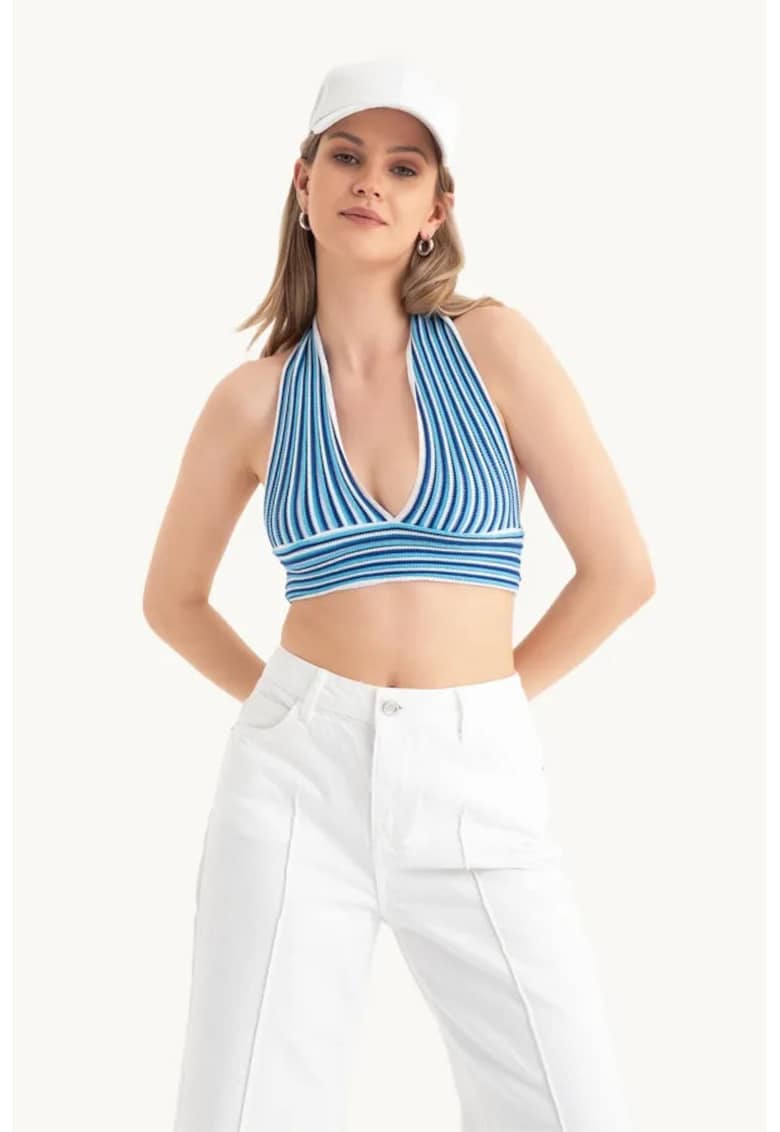 Top scurt cu dungi - decolteu adanc in V - spate fara maneci - albastru - jerseu