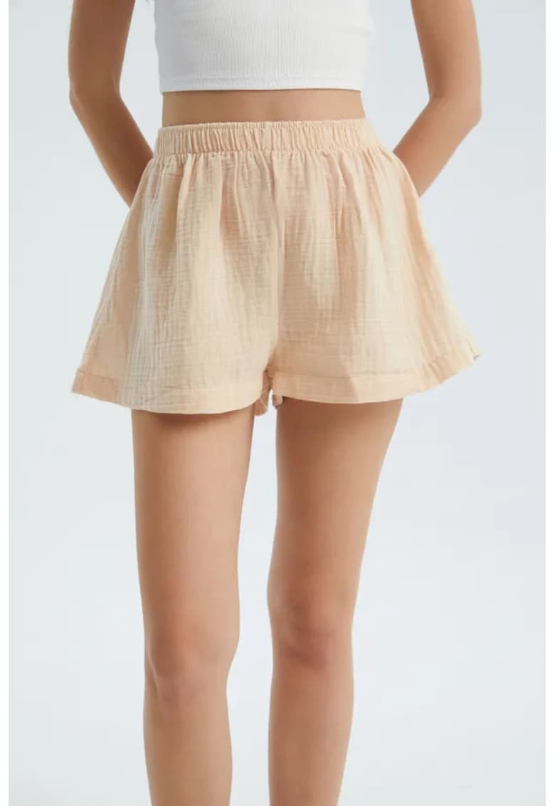 Pantaloni scurti dama - din in - talie inalta - elastic - culoare naturala