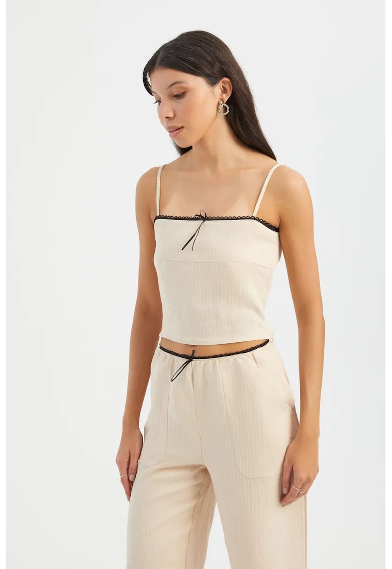 Top de pijama scurt - cu dungi - guler patrat - bej - textil