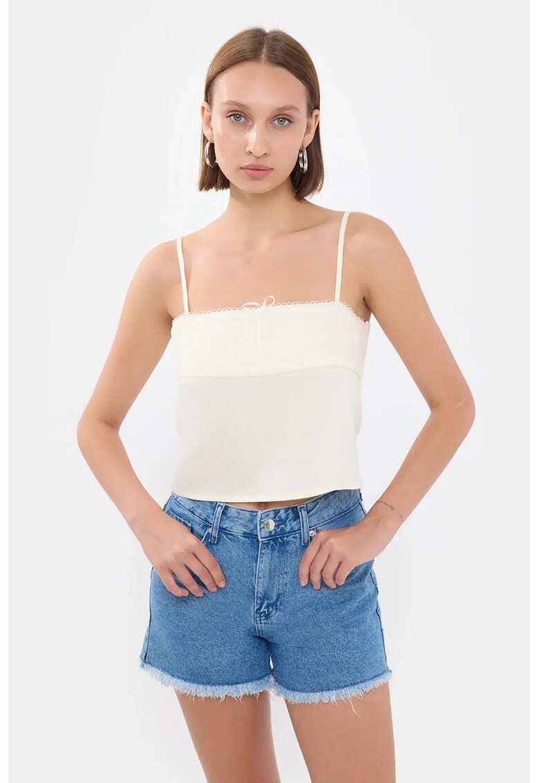 Top de pijama scurt - cu dungi - guler patrat - alb - textil