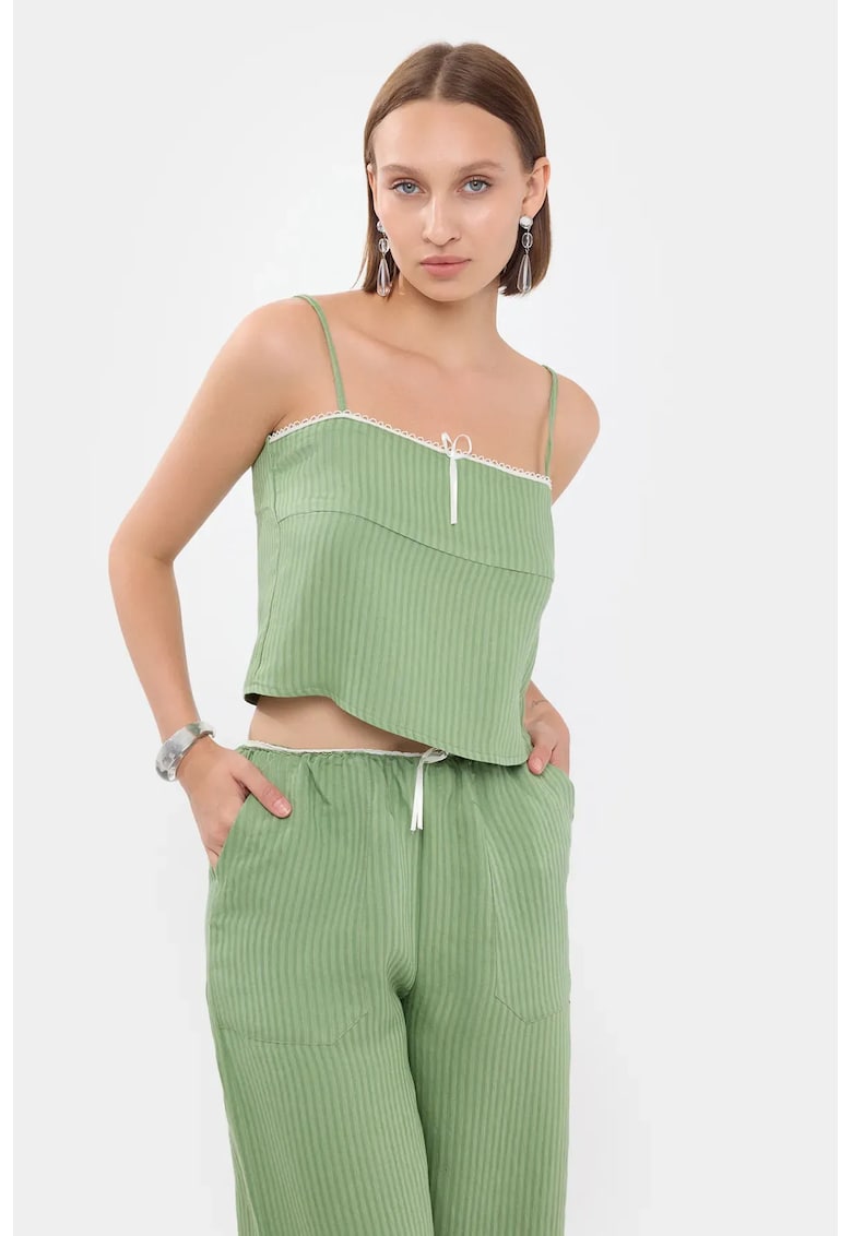 Top pijama scurt - cu dungi - guler patrat - bretele - verde - textil
