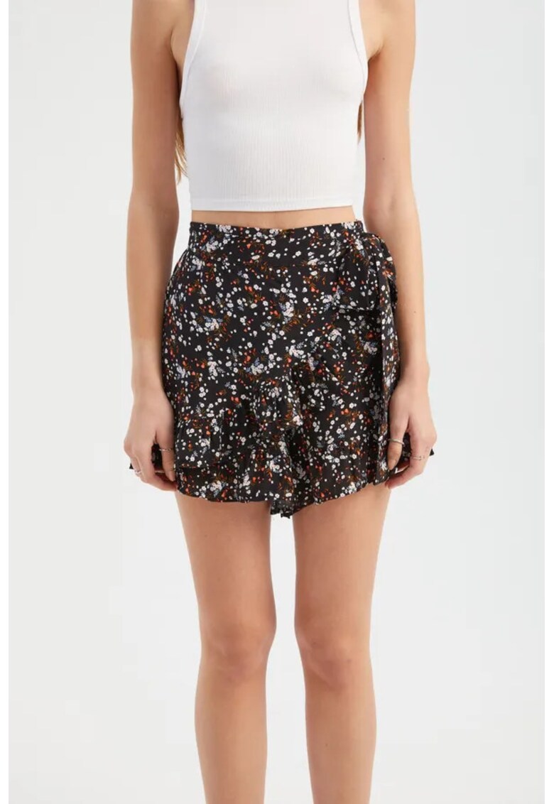 Pantaloni scurti dama - talie inalta - imprimeu floral - negru - textil