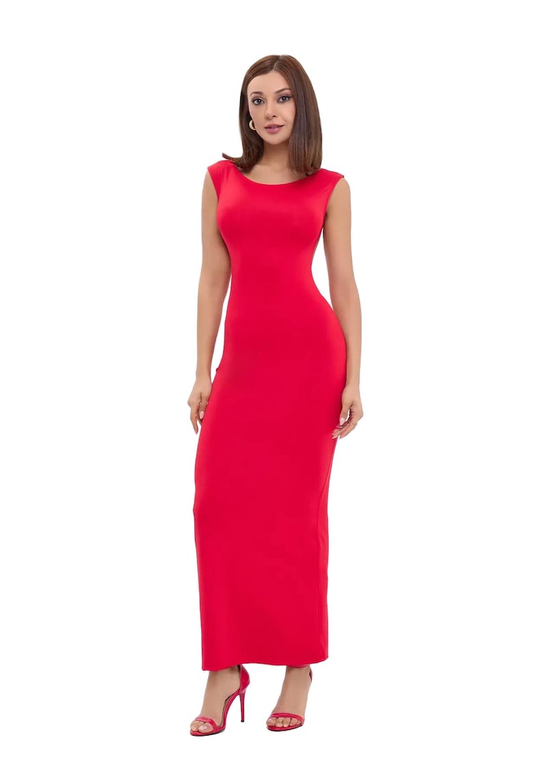 Rochie maxi bodycon - Decolteu rotund - Spate gol - Rosu - Elastan/Poliamida