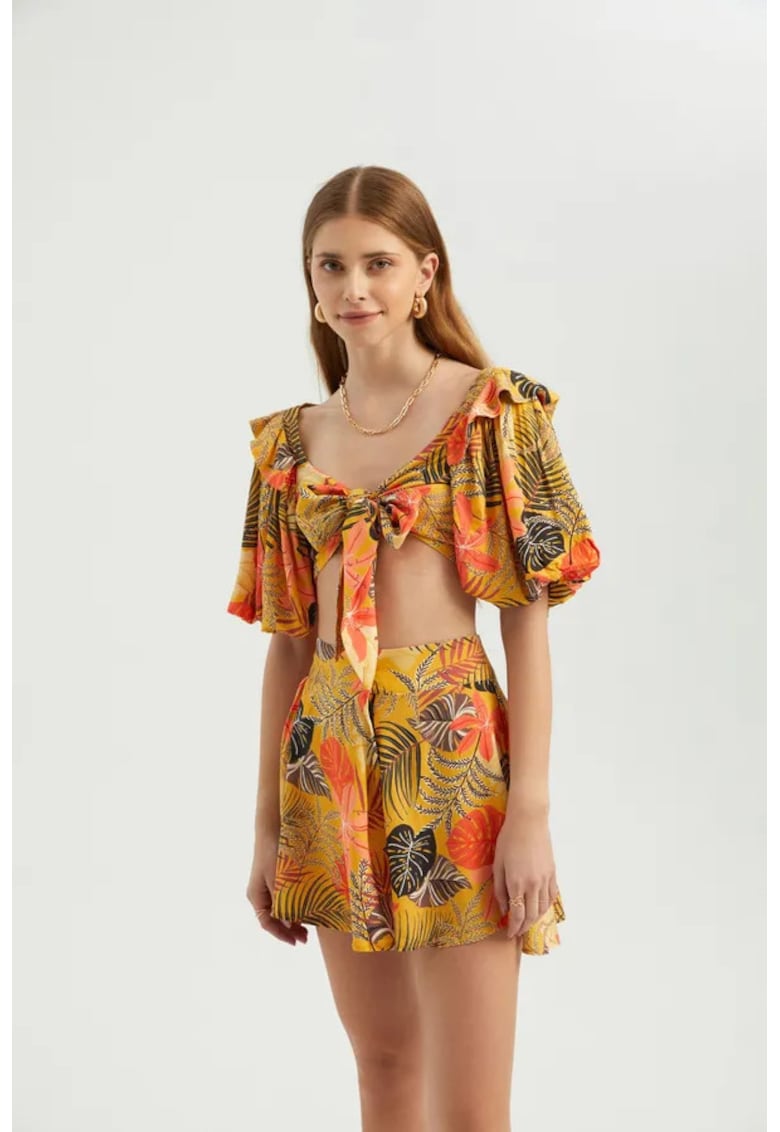 Top scurt - maneci bufante - nod in fata - portocaliu - textil