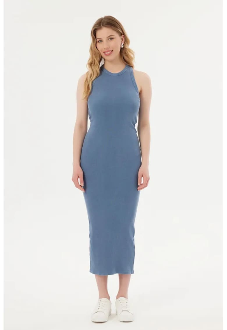 Rochie maxi - fara maneci - guler rotund - albastra - textil