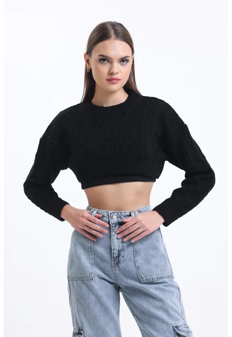 Pulover dama - tricotat cu impletitura - guler rotund - negru - material tricotat