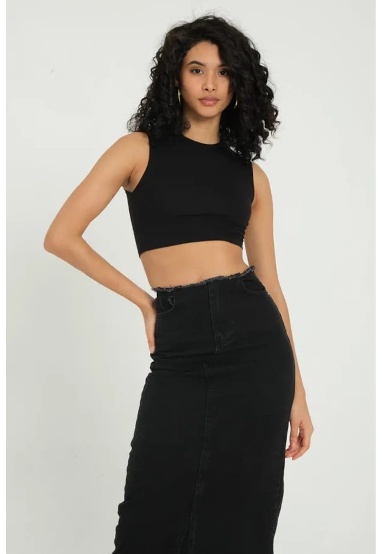 Tricou dama - crop basic - guler rotund - negru - textil