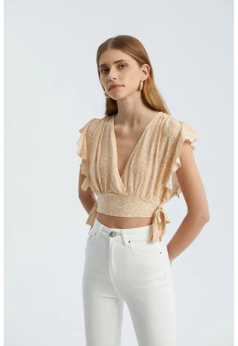 Top scurt - decolteu in V - nod lateral - bej - textil