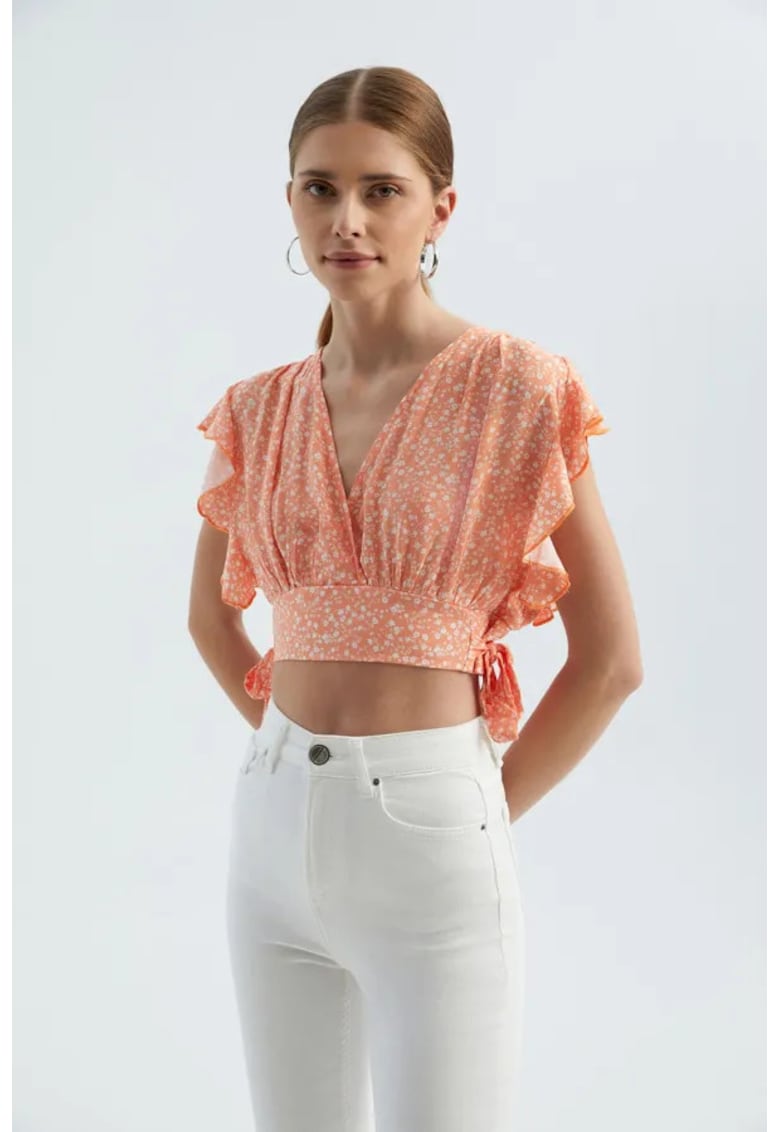 Top scurt - decolteu in V - nod lateral - roz - textil