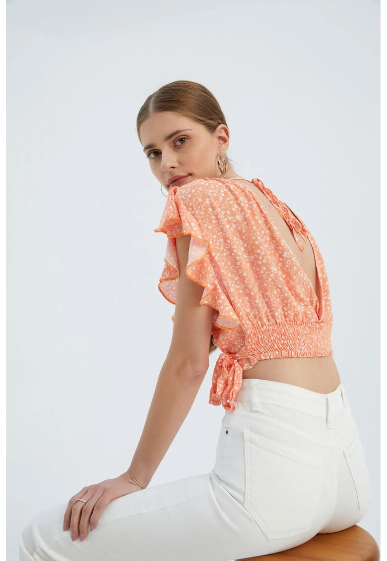 Top scurt - decolteu in V - nod lateral - roz - textil