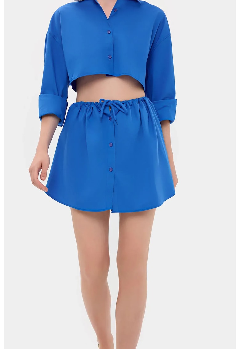 Fusta mini - talie inalta - snur - albastra - textil