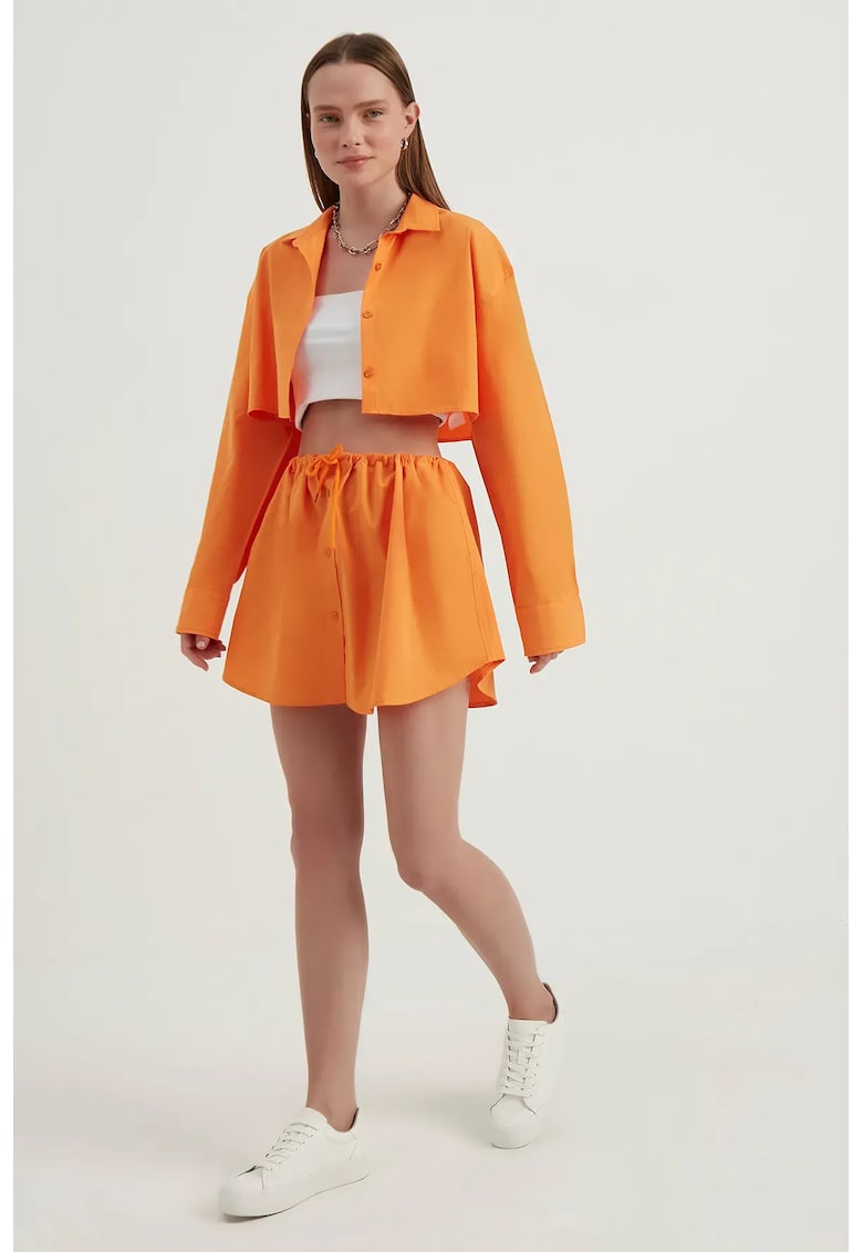 Fusta mini - talie inalta - snur - portocalie - textil