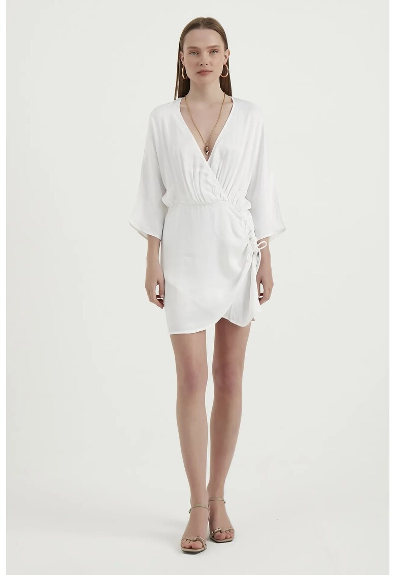 Rochie maneci lungi - decolteu in V - alb - textil
