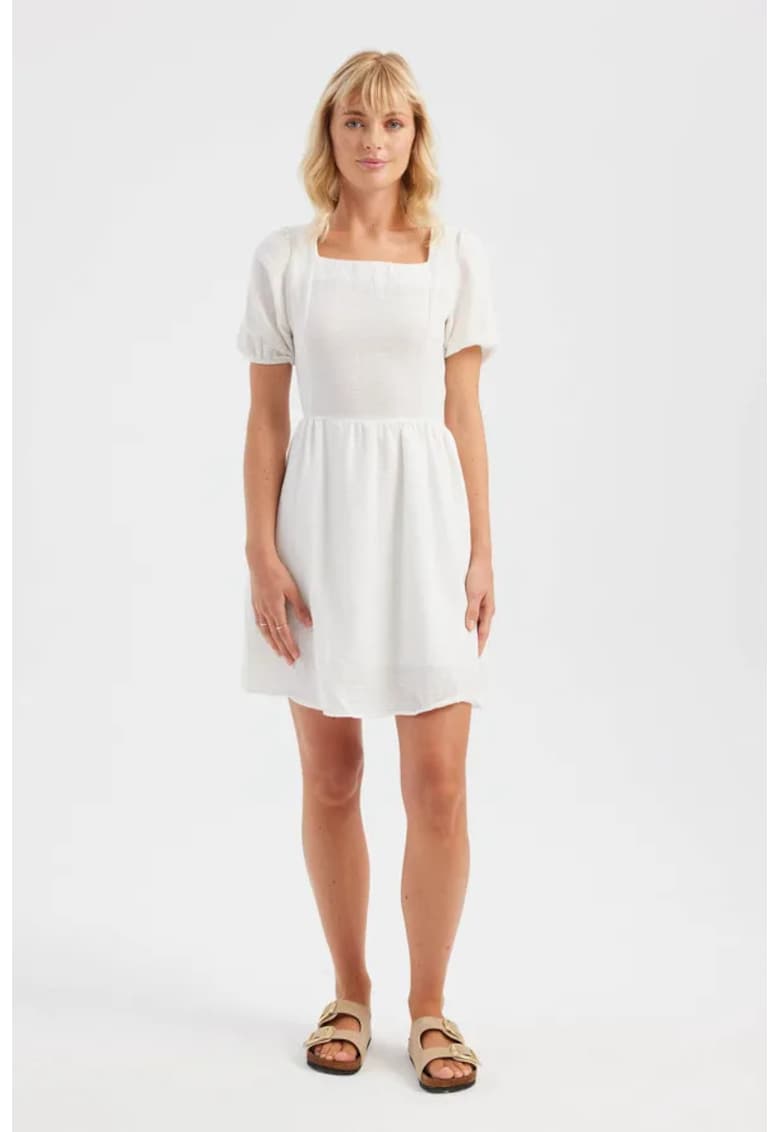 Rochie mini maneca scurta - decolteu patrat - alb - material textil