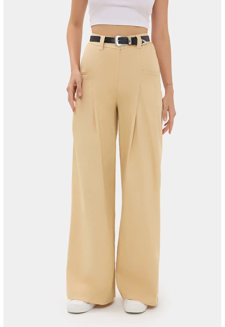 Pantaloni dama - plisati cu talie inalta - croiala larga - natur - poliester