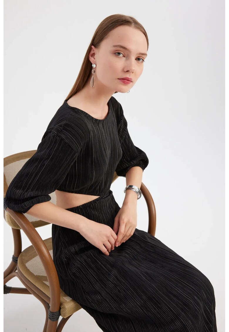 Rochie maxi - maneca lunga - decolteu rotund - negru - poliester