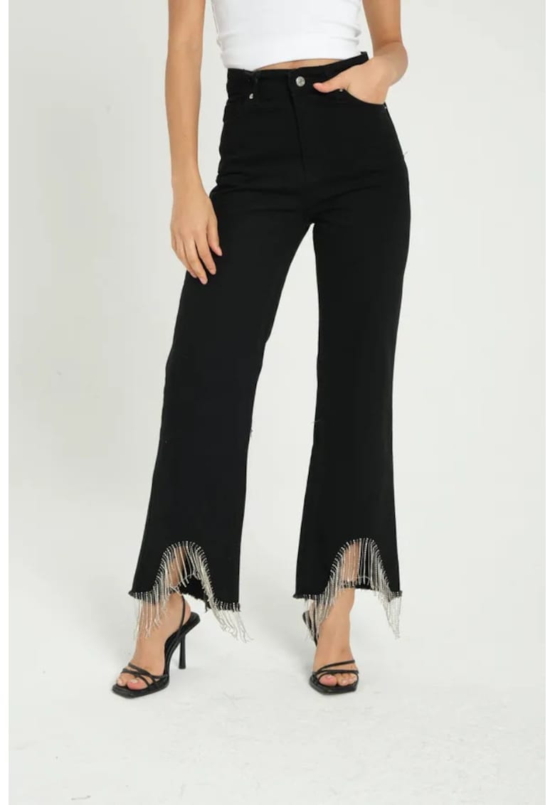 HiCCUP Blugi dama - talie inalta - denim - croiala larga - tiv cu ciucuri - negru