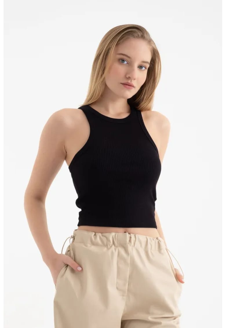 Maiou - fara maneci - guler halter - nervuri - negru - textil