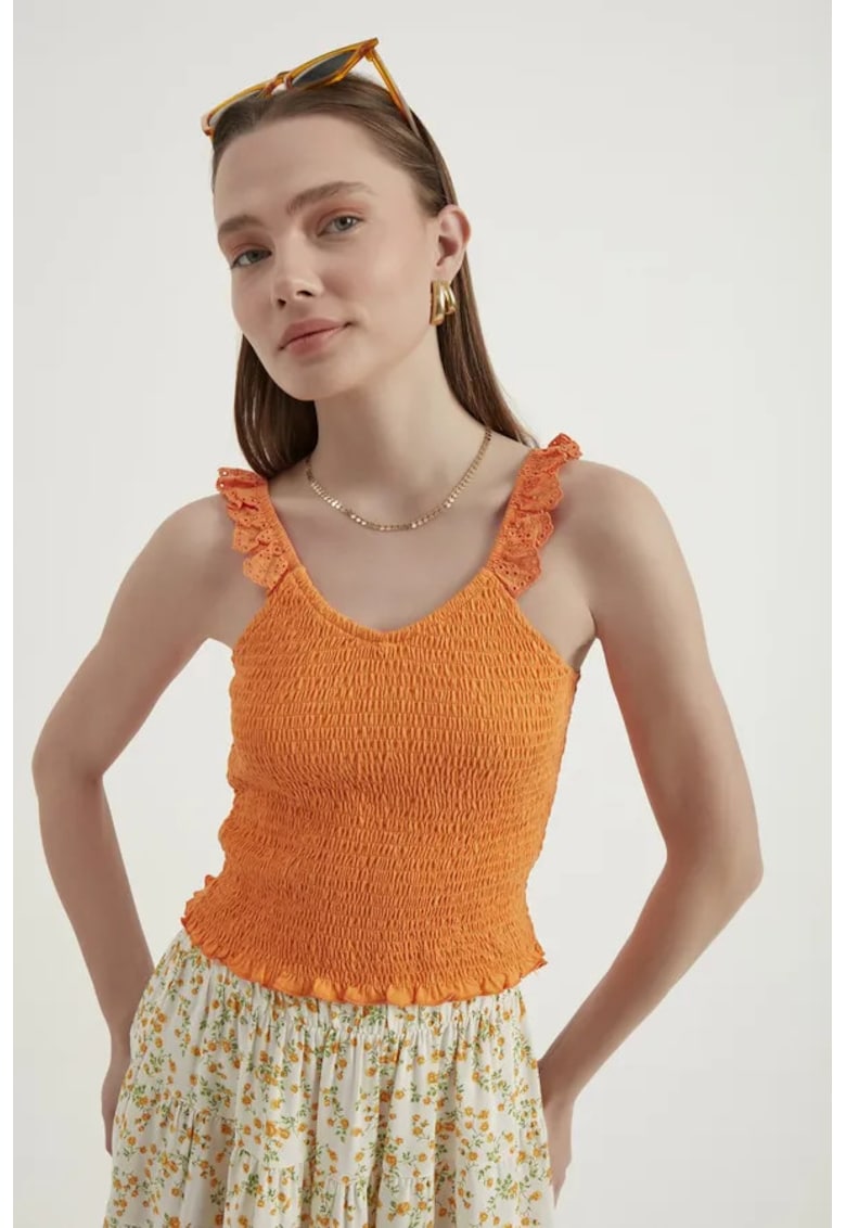Top scurt - decolteu in V - detalii smocked - portocaliu - jerseu